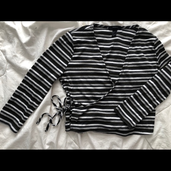 Green Striped 3/4 Sleeve Wrap Top - Picture 2 of 3